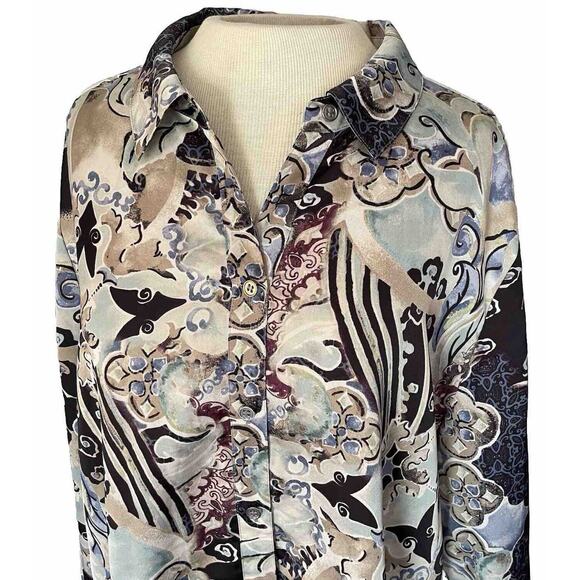 Chico's Sz 4- XL Blouse Floral Art To Wear Button Up Career Closet Staple MINT - Picture 2 of 16